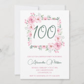 100歳エレガントの誕生日招待状フローラピンク 招待状 (正面)