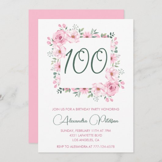100歳エレガントの誕生日招待状フローラピンク 招待状 (正面/裏面)