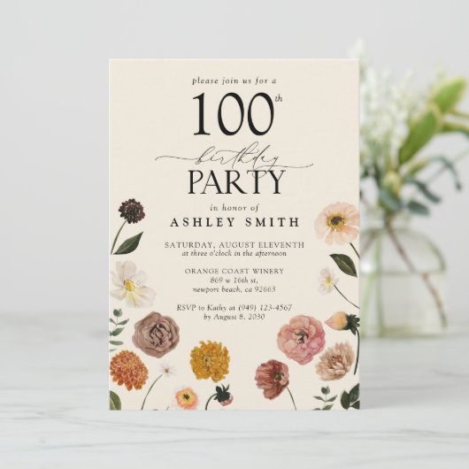 100歳エレガント誕生日パーティーテラコッタフラワーズ 招待状 (スタンド正面)