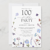 100歳エレガント誕生日パーティーブルーワイルドフラワー 招待状 (正面)