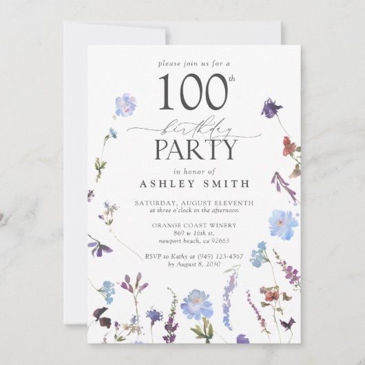 100歳エレガント誕生日パーティーブルーワイルドフラワー 招待状 (正面)