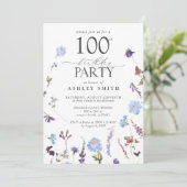 100歳エレガント誕生日パーティーブルーワイルドフラワー 招待状 (スタンド正面)