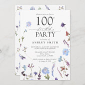 100歳エレガント誕生日パーティーブルーワイルドフラワー 招待状 (正面/裏面)