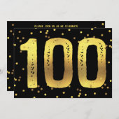 100歳誕生パーティー·ゴールフェイクドフォイル·紙吹雪·ブラック 招待状 (正面/裏面)