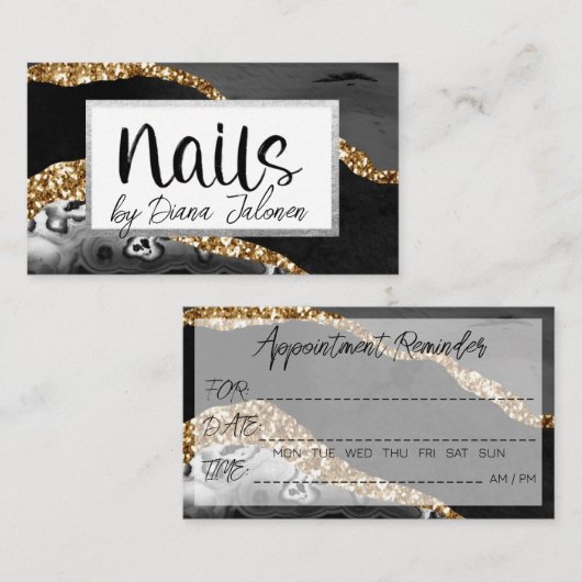 100爪、 ネイルアポイントメントリマインダーブラック金ゴールド大理石 名刺 (正面/裏面)