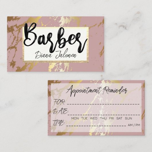 100理容師アポイントメントリマインダーピンクマーブル 名刺 (正面/裏面)