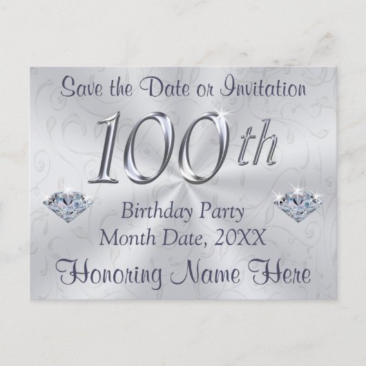 100番目のバースデーパーティ招待状または日付の保存 案内ポストカード (正面)