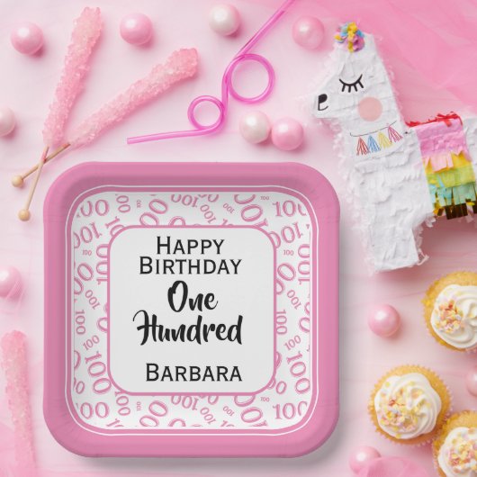 100番目のパーティー乱数パターンピンク/白 ペーパープレート (パーティー)