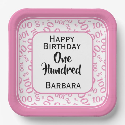 100番目のパーティー乱数パターンピンク/白 ペーパープレート (正面)