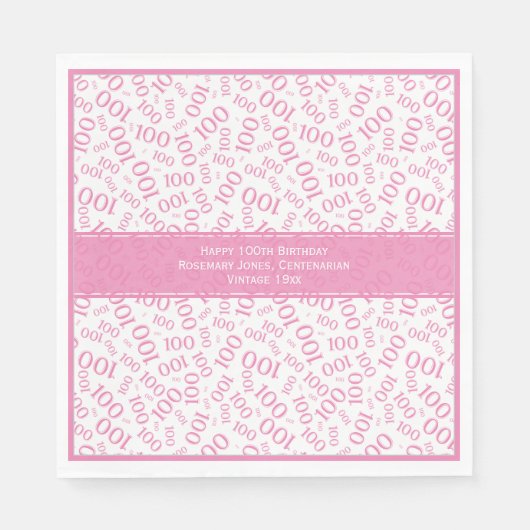 100番目の誕生日クール番号パターンピンク/白 スタンダードランチョンナプキン (正面)