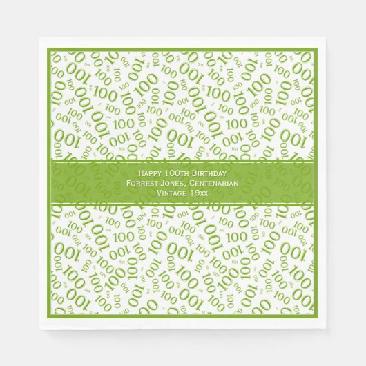100番目の誕生日クール番号パターン緑/白 スタンダードランチョンナプキン (正面)