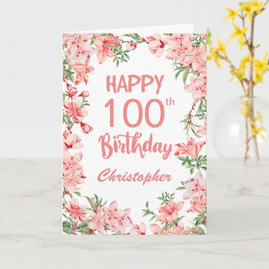 100番目の誕生日ピンク桃の桃のフローラ カード (黄色い花)