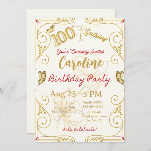 100番目の誕生日マイルストーンエレガント 招待状 (正面/裏面)