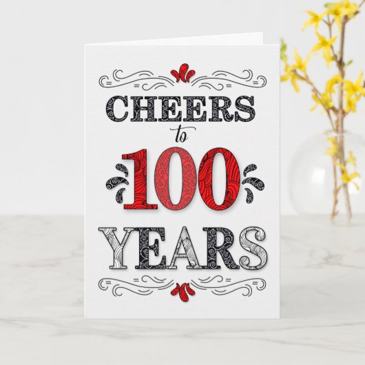 100番目の誕生日応援の赤い白の黒のパターン カード (黄色い花)