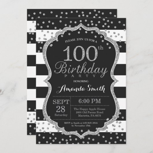 100番目の誕生日招待状。黒銀 招待状 (正面/裏面)