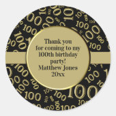 100番目の誕生日番号パターンブラック/金ゴールド ラウンドシール (正面)