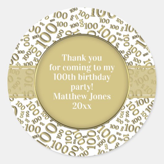 100番目の誕生日番号パターン金ゴールド/白 ラウンドシール (正面)