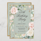 100番目の誕生日聖人用緑金ゴールド水色フローラ  招待状 (正面/裏面)