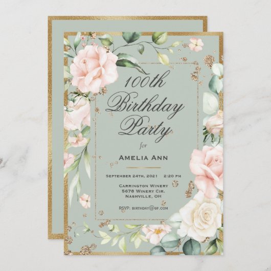 100番目の誕生日聖人用緑金ゴールド水色フローラ  招待状 (正面/裏面)