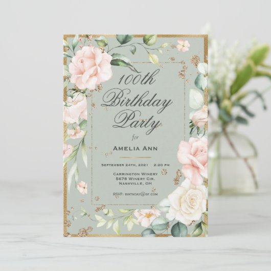 100番目の誕生日聖人用緑金ゴールド水色フローラ  招待状 (スタンド正面)