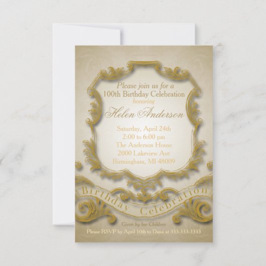 100番目の誕生祝いカスタムヴィンテージ枠 招待状 (裏面)
