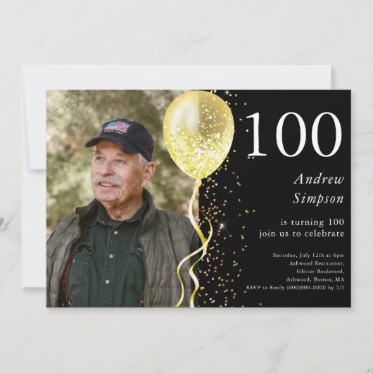 100番目 |ブラック&金ゴールドグリッターフォト誕生日 招待状 (正面)
