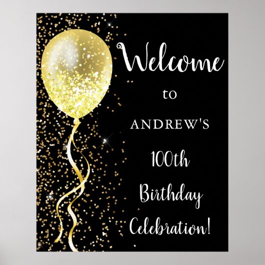 100番目 |ブラック&金ゴールドグリッター誕生日へようこそ ポスター (正面)