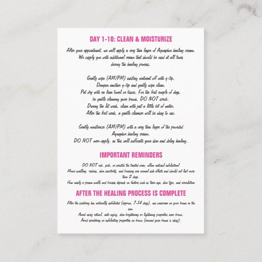 100眉毛マイクロバルディングアフターケアの手順Pi 名刺 (裏面)