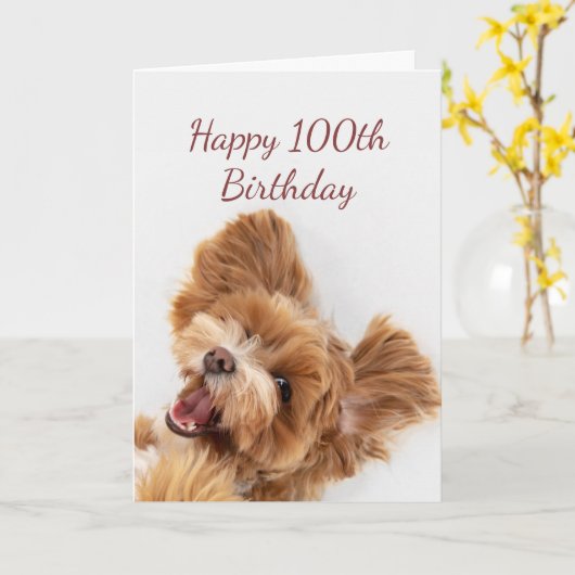 100誕生日おもしろいかわいい犬の子犬ペットを開始 カード (黄色い花)
