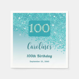 100誕生日かわいらしティール（緑がかった色）ブルーグリッターナプキンス スタンダードカクテルナプキン