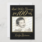 100誕生日エレガントフォト金ゴールドとブラック 招待状 (正面)