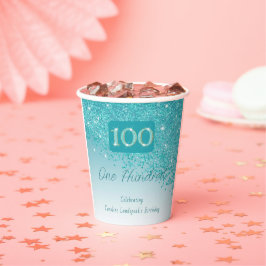 100誕生日クラスフォールディングティール（緑がかった色）ブルーグリッター 紙コップ