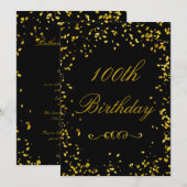 100誕生日グラマラス金ゴールド紙吹雪 招待状 (正面/裏面)