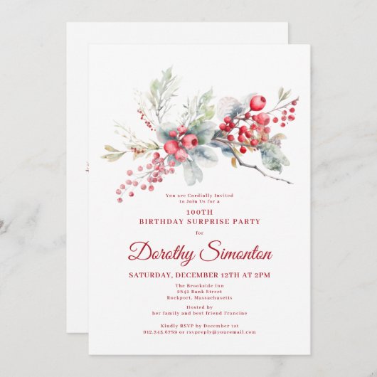 100誕生日グリーンリーレッドベリーサプライズパーティー 招待状 (正面/裏面)