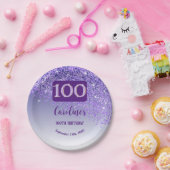 100誕生日シックフォールパープルグリッター ペーパープレート (パーティー)