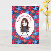 100誕生日スティックガール&デイジーオンデニム カード (黄色い花)