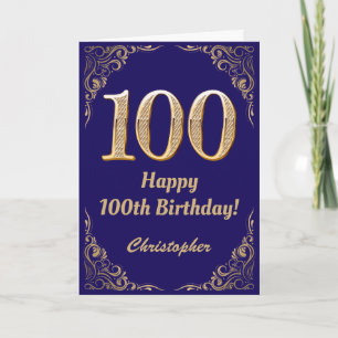 100誕生日ネイビーブルーと金ゴールドグリッターフレーム カード