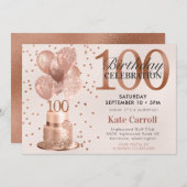 100誕生日バラ金ゴールドケーキサプライズパーティー 招待状 (正面/裏面)