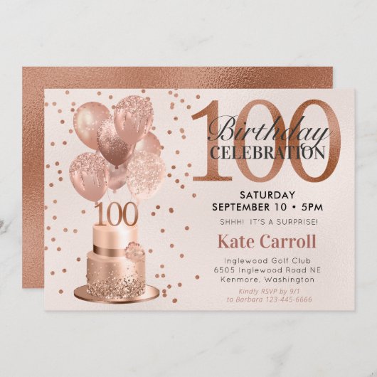 100誕生日バラ金ゴールドケーキサプライズパーティー 招待状 (正面/裏面)