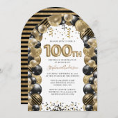 100誕生日バルーン金ゴールドブラックスパークル 招待状 (正面/裏面)