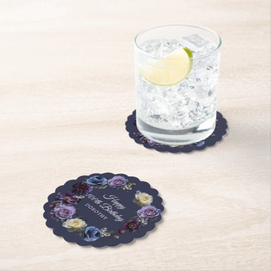 100誕生日パーソナライズされたムーディパープル花 ペーパーコースター (インサイチュ)