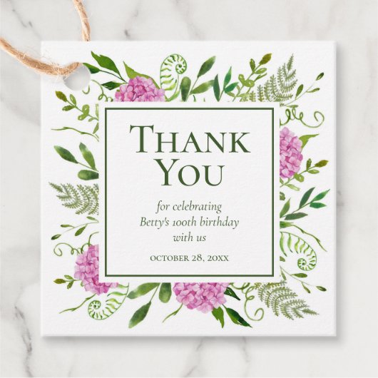 100誕生日ピンクアジサイありがとう フェイバータグ (正面)