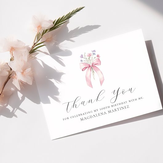 100誕生日ピンクボウワイルドフラワーカスタムフラット サンキューカード