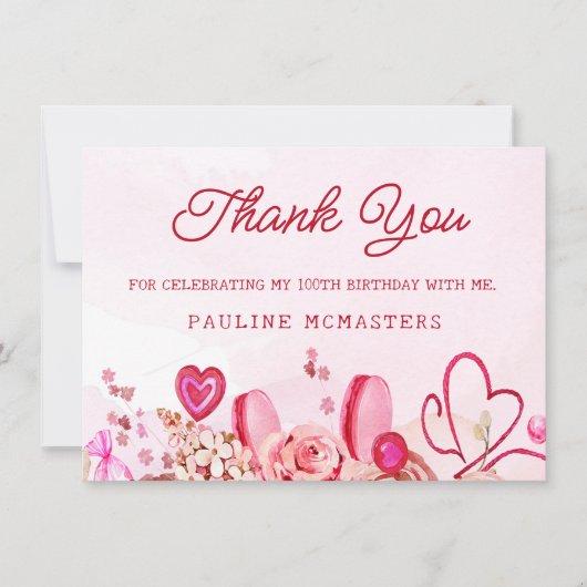 100誕生日ピンクローズ渦巻形のハートありがとう (正面)