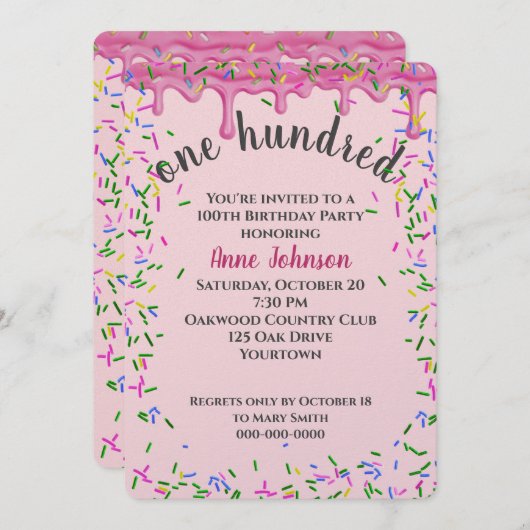 100誕生日ピンク色のアイシングと散水 招待状 (正面/裏面)
