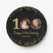 100誕生日フォトブラックエレガント金ゴールドグリッター ペーパープレート (正面)