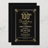 100誕生日ブラックおよび金ゴールドパーティー 招待状 (正面/裏面)