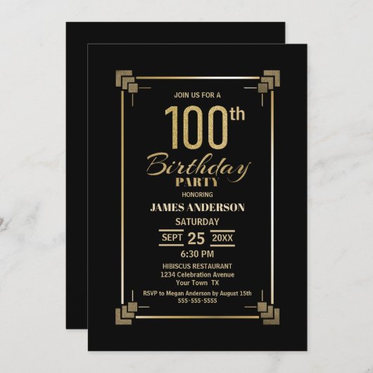 100誕生日ブラックおよび金ゴールドパーティー 招待状 (正面/裏面)