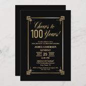 100誕生日ブラックおよび金ゴールドパーティー 招待状 (正面/裏面)
