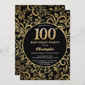 100誕生日ブラックと金ゴールドの花柄 招待状 (正面/裏面)